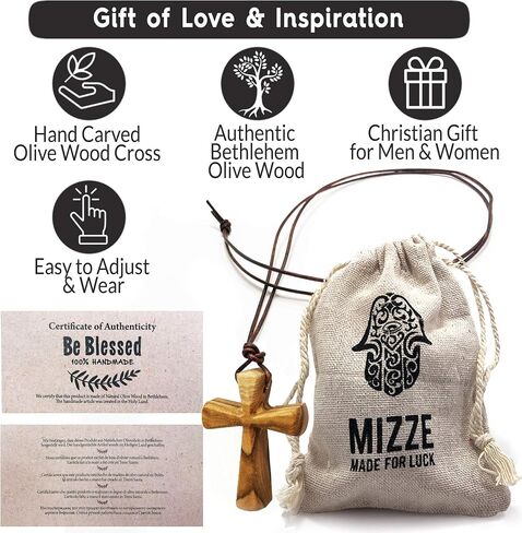 Hand Carved Tapered Wooden Cross Necklace for Men & Women on Adjustable Long Leather Cord - Available in Black or Brown - Wood Cross Pendant Gift for All Ages in Saudi Arabia