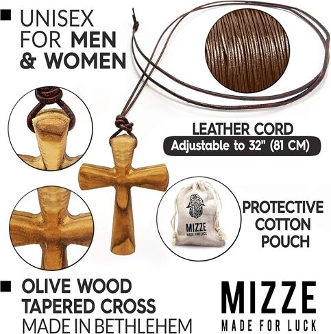 Hand Carved Tapered Wooden Cross Necklace for Men & Women on Adjustable Long Leather Cord - Available in Black or Brown - Wood Cross Pendant Gift for All Ages in Saudi Arabia