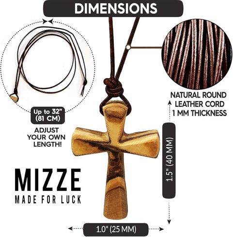 Hand Carved Tapered Wooden Cross Necklace for Men & Women on Adjustable Long Leather Cord - Available in Black or Brown - Wood Cross Pendant Gift for All Ages in Saudi Arabia