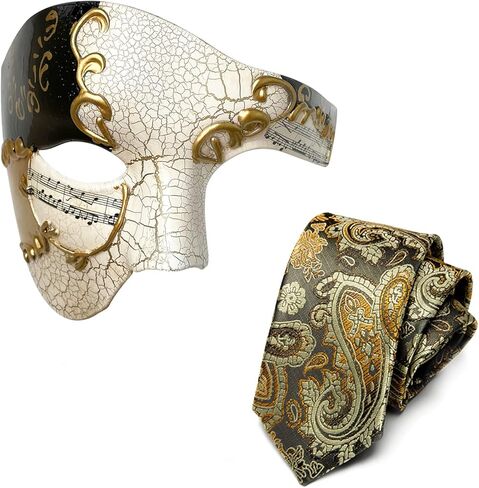 HyperFun Mens Masquerade Mask Phantom of The Opera Mask and Silk Necktie Set Venetian Half Face Ball Mask for Costume Parties in Saudi Arabia