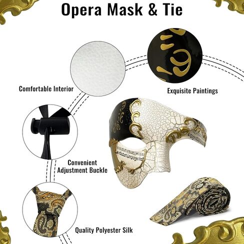 HyperFun Mens Masquerade Mask Phantom of The Opera Mask and Silk Necktie Set Venetian Half Face Ball Mask for Costume Parties in Saudi Arabia