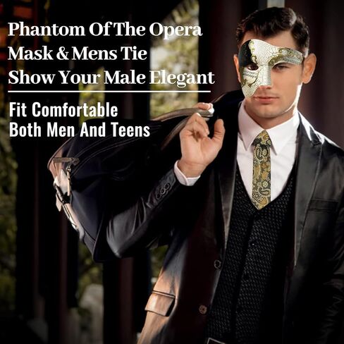 HyperFun Mens Masquerade Mask Phantom of The Opera Mask and Silk Necktie Set Venetian Half Face Ball Mask for Costume Parties in Saudi Arabia