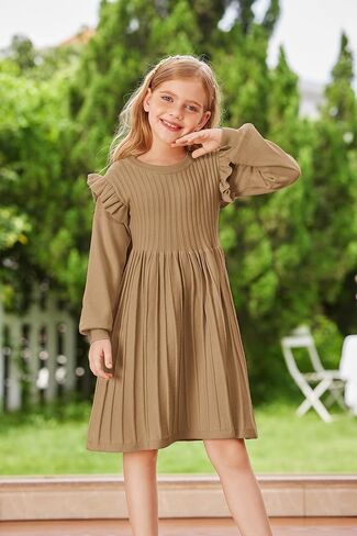 Danna Belle Girls Sweater Dress Lantern Sleeve Ruffled Fall Winter Dresses 5-12Y in Kuwait