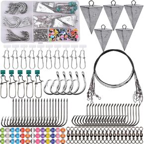 Surf Fishing Tackle Kit Fish Finder Rig, 130pcs Saltwater Surf Fishing Rigs Live Bait Rigs Include Fishing Leaders Pyramid Sinker Weight Sinker Slider Fishing Hooks Swivels Surf Fishing Accessories