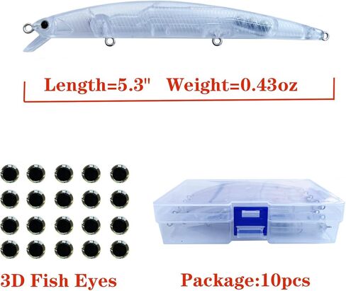 طعوم صيد غير مطلية من بومبايت، مجموعة طعوم صلبة فارغة مع عيون صيد ثلاثية الابعاد، طُعم فراغات لسمك القاروص والسلمون المرقط والوالي من 10 قطع in Kuwait
