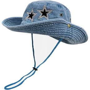 Jeans Denim Cowboy Hat for Women Y2k Crystal Star Washed Bucket Hat with String Sun Cap Foldable Safari Boonie Hat