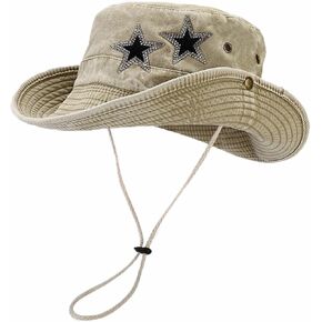 Jeans Denim Cowboy Hat for Women Y2k Crystal Star Washed Bucket Hat with String Sun Cap Foldable Safari Boonie Hat