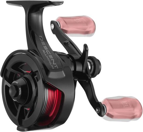 13 FISHING - Descent Aluminum - Inline Ice Fishing Reel - 2.7:1 Gear Ratio - Left Hand Retrieve (Aluminum Spool Gen 2 Design) - D2AL-2.7-RH, Black/Red in Saudi Arabia