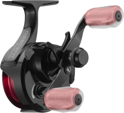 13 FISHING - Descent Aluminum - Inline Ice Fishing Reel - 2.7:1 Gear Ratio - Left Hand Retrieve (Aluminum Spool Gen 2 Design) - D2AL-2.7-RH, Black/Red in Saudi Arabia