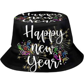 قبعة دلو Happy New Year للرجال والنساء والمراهقين قابلة للتعبئة للعام الجديد قبعات الشمس قبعة صياد السمك