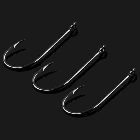 خطافات صيد السمك من بايتهولدر، 50 قطعة من خطافات حامل الطعم الشائكة طويلة الساق J خطافات إزاحة من الفولاذ الكربوني الأسود خطاطيف صيد للمياه المالحة والمياه العذبة مقاس 4-6/0 in Kuwait