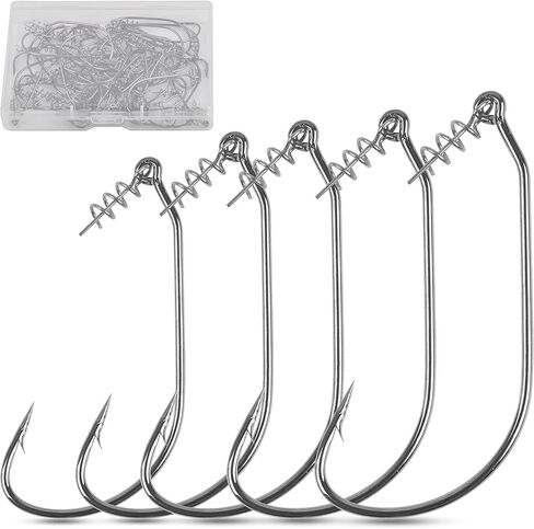Twistlock Fishing Hooks - 50pcs Bass Fishing Worm Hooks with Centering Spring Pin Swimbait Hooks for Soft Plastics Lures Baits Saltwater Freshwater Size 1/0 2/0 3/0 4/0 5/0 in Saudi Arabia