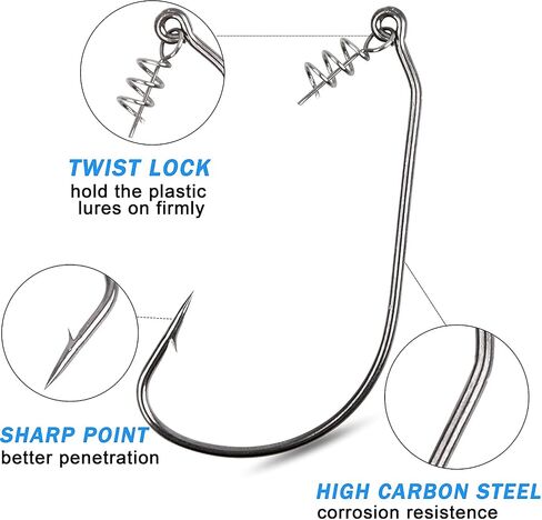 Twistlock Fishing Hooks - 50pcs Bass Fishing Worm Hooks with Centering Spring Pin Swimbait Hooks for Soft Plastics Lures Baits Saltwater Freshwater Size 1/0 2/0 3/0 4/0 5/0 in Saudi Arabia