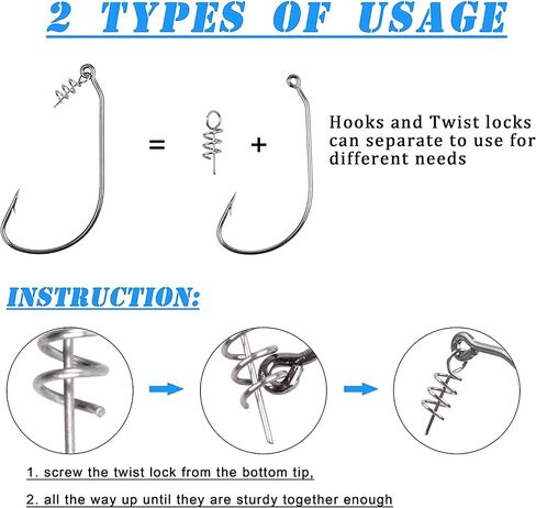 Twistlock Fishing Hooks - 50pcs Bass Fishing Worm Hooks with Centering Spring Pin Swimbait Hooks for Soft Plastics Lures Baits Saltwater Freshwater Size 1/0 2/0 3/0 4/0 5/0 in Saudi Arabia