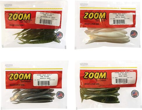 Bundle: Zoom Fluke Bait Lures - 4 1/4" Watermelon Seed 10 Pack, 4 1/4" White Pearl 10 Pack, 4 1/4" Smokin Shadow 10 Pack and 4 1/4" Baby Bass 10 Pack in Saudi Arabia