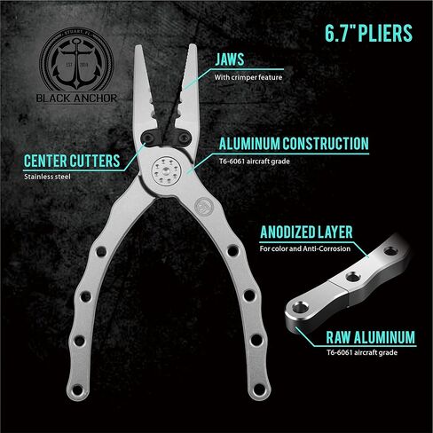 كماشة صيد السمك من الألومنيوم بمرساة سوداء مقاس 6.7 بوصة، مقاومة للمياه المالحة، قاطعات خطوط أحادية وفلورية وجديلة، غمد من النايلون مع حلقة حزام (فضي، 6.70) in Kuwait