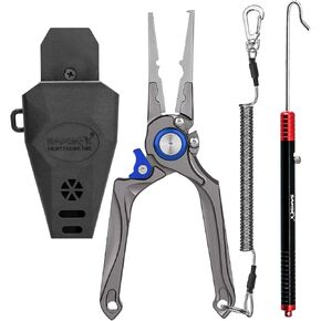 SAMSFX Fishing Pliers, Muti-Function Fly Fishing Tools, 8" Saltwater Resistant Gear Hook Remover Split Ring Tungsten Cutters, with Lanyard & Sheath