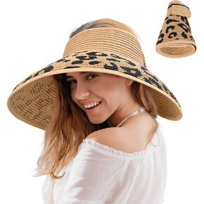 UV Protection Straw Sun Hat Visor Beach Hat Wide Brim Leopard Print Roll up Packable for Women