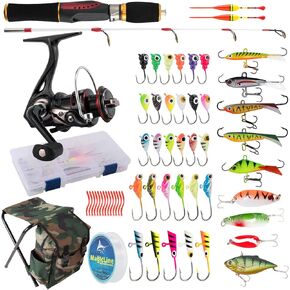 Dr.Fish Ice Fishing Rod and Reel Combo, Ice Fishing Gear Pole Ice Fishing Reel Equipment Set Ice Fishing Backpack Chair Ice Jigs Lures Ice Fishing Accessories