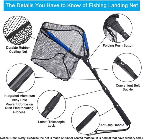 LBW Collapsible Rubber Fishing Net with Handle, Folding Kayak Net for Freshwater or Saltwater, Portable Landing Net for Trout, Catfish, Bass in Kuwait