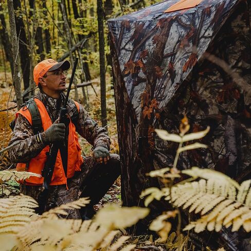 منصة صيد Road Runner HubHunting Blind، 2 شخصًا منبثقبة، ألواح السلامة Bloodtrail® Woodland Camo and blaze Orange in Kuwait