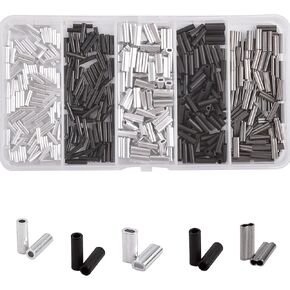 AGOOL 500pcs Barrel Crimp Sleeves Kit Single Double Crimping Loop Sleeve Aluminum Copper with Black Oxidized Fishing Crimp Sleeves Kit for Wire Rope and Cable Fishing Line Crimps for Leader Rigging
