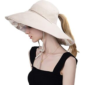 Koreshion Women Ponytail Sun Hat Reversible Fishing Hat Foldable Bowknot Summer Hat UPF 50+ Beach Cap Wide Brim Bucket Hat