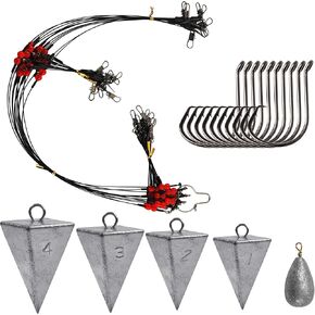 Saltwater Surf Fishing Tackle Kit - Saltwater Surf Fishing Rigs Include Fishing Wire Leader Pyramid Sinker Weight Bass Casting Sinker Circle Hooks Surf Fishing Accessories