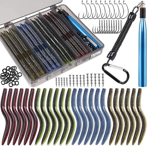 PLUSINNO Wacky Worm Fishing Lure Kit, Soft Plastic Fishing Lures, Grub Baits Hook Wacky Rig Bass Trout Fishing Worms Lures w/Tackle Box in Kuwait