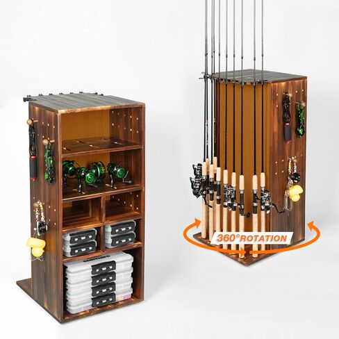 حامل صنارة صيد للجراج يدور بزاوية 360 درجة يحمل ما يصل إلى 10 قضبان او مجموعات، منظم معدات تخزين المعدات حامل ارضي خشبي، هدايا صيد للرجال والنساء in Kuwait