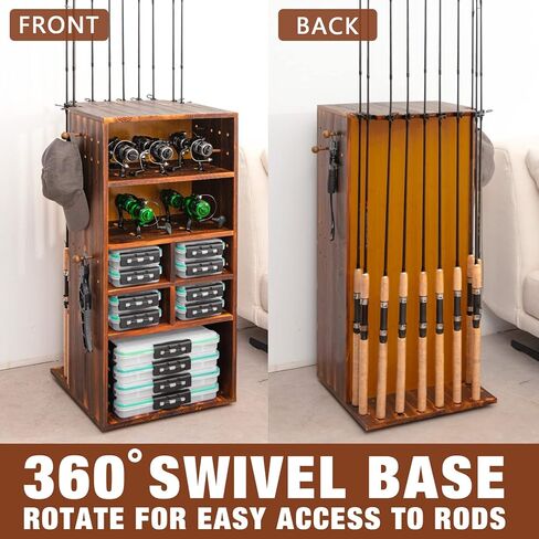 حامل صنارة صيد للجراج يدور بزاوية 360 درجة يحمل ما يصل إلى 10 قضبان او مجموعات، منظم معدات تخزين المعدات حامل ارضي خشبي، هدايا صيد للرجال والنساء in Kuwait
