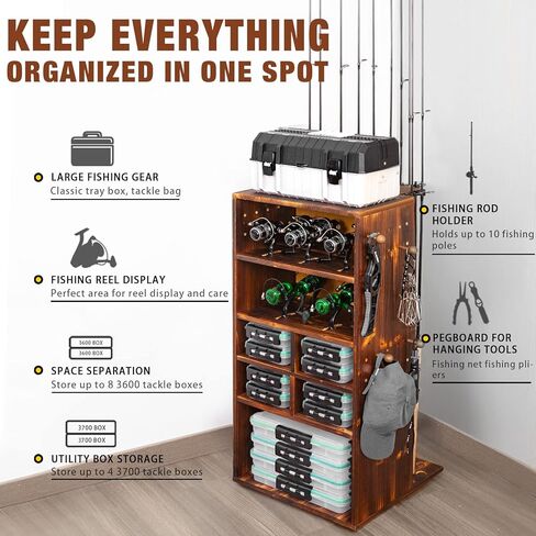 حامل صنارة صيد للجراج يدور بزاوية 360 درجة يحمل ما يصل إلى 10 قضبان او مجموعات، منظم معدات تخزين المعدات حامل ارضي خشبي، هدايا صيد للرجال والنساء in Kuwait
