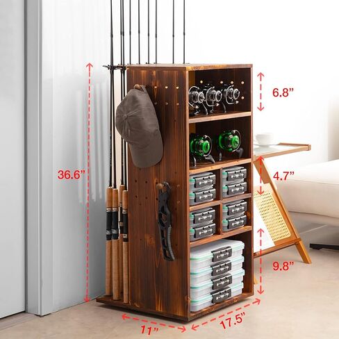 حامل صنارة صيد للجراج يدور بزاوية 360 درجة يحمل ما يصل إلى 10 قضبان او مجموعات، منظم معدات تخزين المعدات حامل ارضي خشبي، هدايا صيد للرجال والنساء in Kuwait