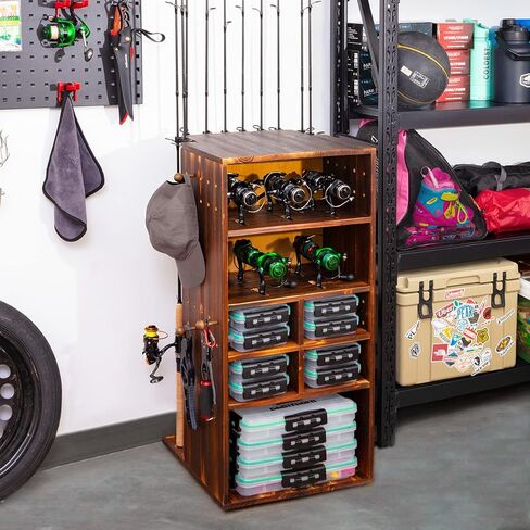 حامل صنارة صيد للجراج يدور بزاوية 360 درجة يحمل ما يصل إلى 10 قضبان او مجموعات، منظم معدات تخزين المعدات حامل ارضي خشبي، هدايا صيد للرجال والنساء in Kuwait