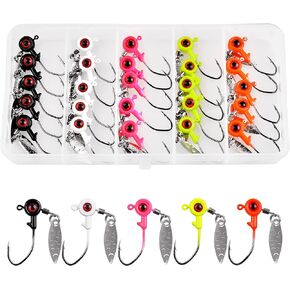 طقم خطافات صيد السمك من Crappie Jig Heads، 25 قطعة من الطُعم السفلي مع رأس تهزهز مع شفرة دوارة وكرة عين مطلية لصيد سمك السلمون المرقط والمياه العذبة 1/16oz 1/8oz 3/16oz
