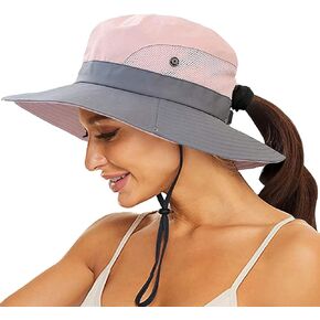 Women's Sun-Hat UV-Protection-Foldable Mesh Wide-Brim Outdoor Summer Beach Fishing Hat with Ponytail-Hole