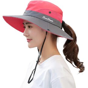Women's Ponytail Sun Hat UV Protection Outdoor Foldable Mesh Wide-Brim Beach Summer Fishing Hat