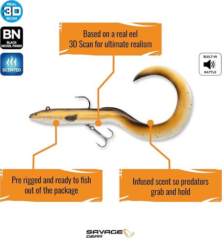 Savage Gear Real EEL Pre-Rigged Fishing Bait, 1 1/3 oz, Olive Brown Pearl, Realistic Contours & Movement, Durable Construction, Dual Hook Configuration, Available in 3 Sizes (8"-16") in Saudi Arabia