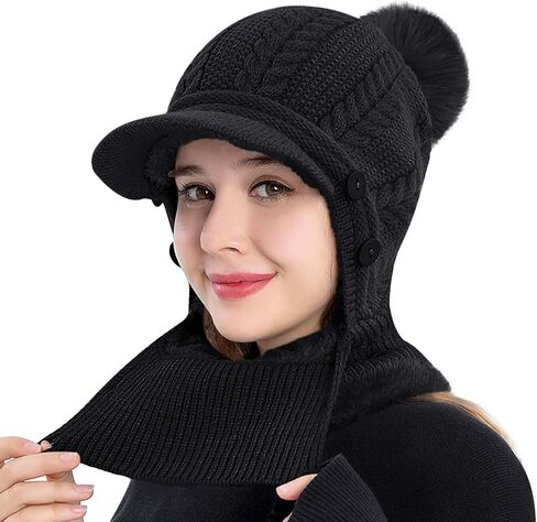 MioCloth Women Visor Beanie Cap Face Ear Cover Pom Hat Neck Warmer Christmas Warm Gift in Saudi Arabia