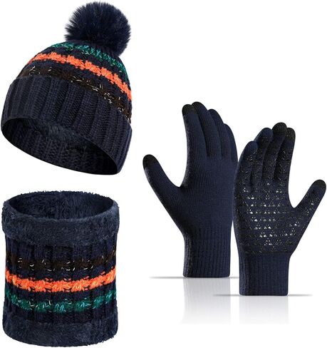 Yvechus 3 in 1 Winter Beanie Hat Scarf and Gloves Set Warm Knit Hat Thick Fleece Lined for Men Women in Kuwait