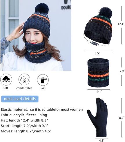 Yvechus 3 in 1 Winter Beanie Hat Scarf and Gloves Set Warm Knit Hat Thick Fleece Lined for Men Women in Kuwait