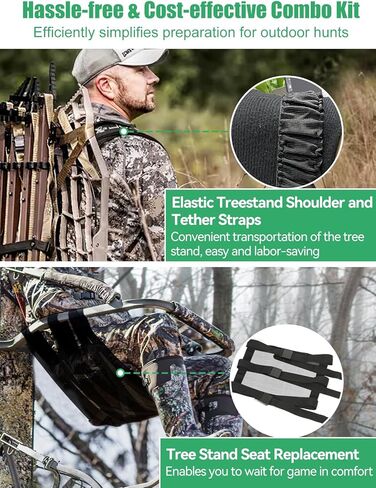 Universal Tree Stand Seat Replacement 16" x 12" with Treestand Shoulder and Tether Straps- Adjustable Heavy Duty Nylon Deer Stand Accessories for Hunting Ladder Climbing Lock on Tree Stands in Kuwait