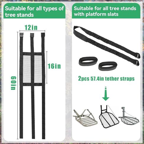 Universal Tree Stand Seat Replacement 16" x 12" with Treestand Shoulder and Tether Straps- Adjustable Heavy Duty Nylon Deer Stand Accessories for Hunting Ladder Climbing Lock on Tree Stands in Kuwait