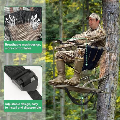 Universal Tree Stand Seat Replacement 16" x 12" with Treestand Shoulder and Tether Straps- Adjustable Heavy Duty Nylon Deer Stand Accessories for Hunting Ladder Climbing Lock on Tree Stands in Kuwait