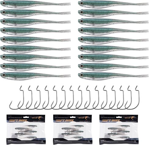 Goture Soft Plastic Baits with Worm Hooks Kit, Straight/Paddle/Fork Tail Swimbaits, Soft Jerk Shad Baits Jerkbait Minnow Baits for Bass Trout, Fishing Drop Shot Shad Lures in Kuwait