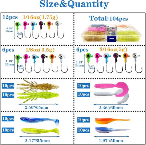مجموعة طعوم كرابي من بومبيت، 104 قطعة، رؤوس جيغ مع طعوم كرابي، طعم كرابي لصيد السمك في المياه المالحة والعذبة 1/16 اونصة 1/8 اونصة 3/16 اونصة in Kuwait