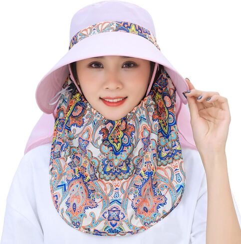 Women Wide Brim Face Mask Sun Hat Detachable Neck Face Flap Ponytail UV Protection Visor Hat Garden Fishing Hiking in Kuwait