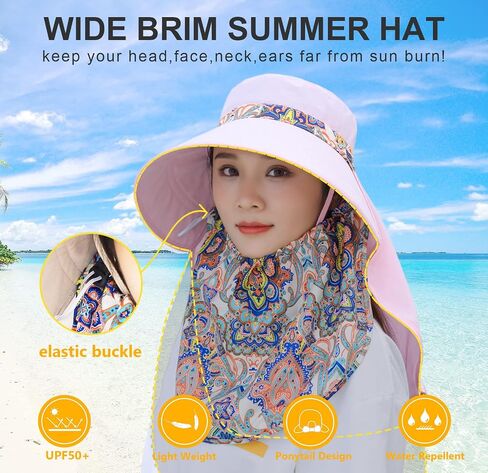 Women Wide Brim Face Mask Sun Hat Detachable Neck Face Flap Ponytail UV Protection Visor Hat Garden Fishing Hiking in Kuwait