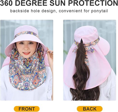 Women Wide Brim Face Mask Sun Hat Detachable Neck Face Flap Ponytail UV Protection Visor Hat Garden Fishing Hiking in Kuwait