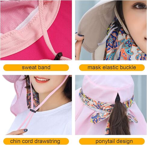Women Wide Brim Face Mask Sun Hat Detachable Neck Face Flap Ponytail UV Protection Visor Hat Garden Fishing Hiking in Kuwait